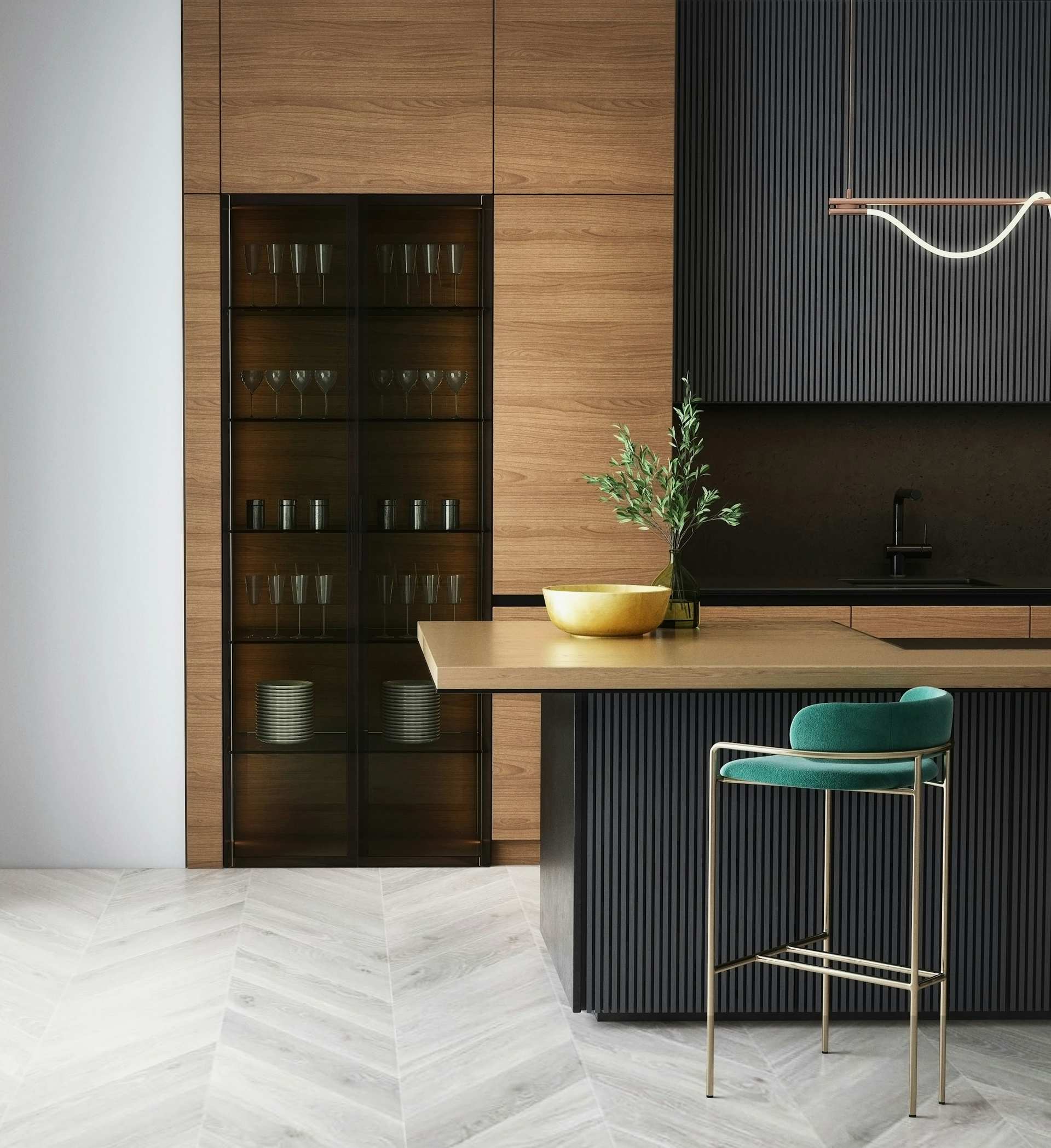 Oak and charcoal millwork with a glass-fronted cabinet and a linear pendant light